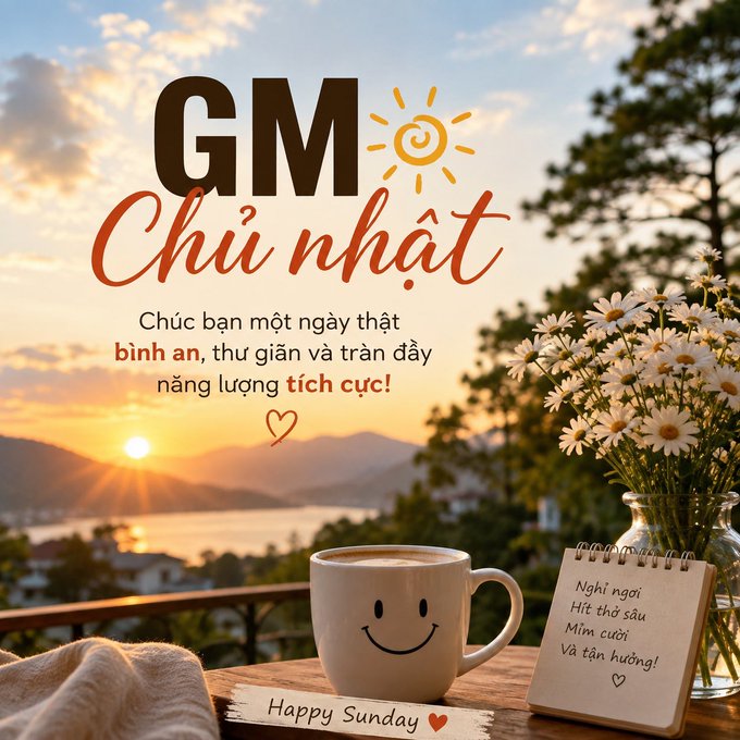 A Vietnamese good morning greeting graphic reads 'GM Chủ nhật' with a cheerful message wishing peace, relaxation and positive energy, featuring a smiling coffee mug, daisies, and a 'Happy Sunday' note.