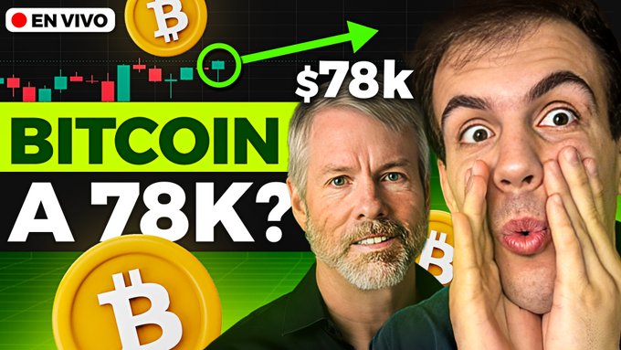 A YouTube thumbnail with 'EN VIVO' badge featuring two men reacting to Bitcoin price charts, with text 'BITCOIN A 78K?' and '$78k' next to an upward green arrow indicating a price target.