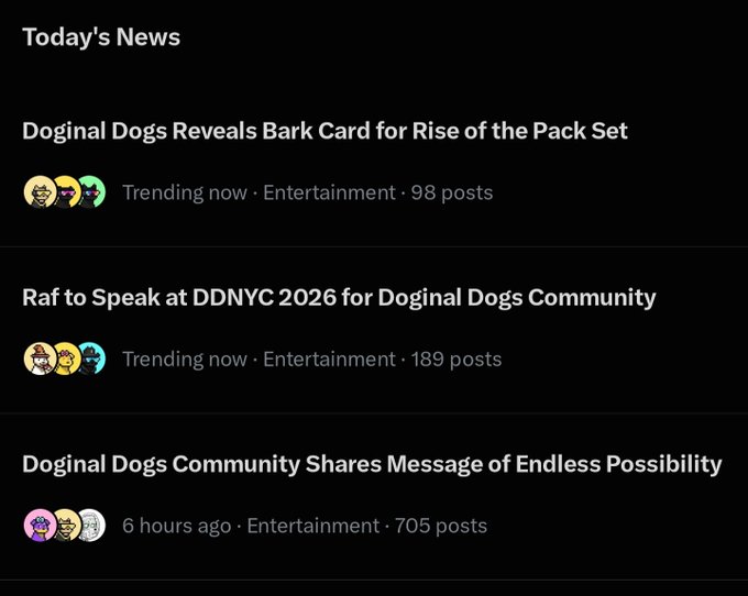 A 'Today's News' feed showing three headlines about Doginal Dogs: 'Doginal Dogs Reveals Bark Card for Rise of the Pack Set', 'Raf to Speak at DDNYC 2026 for Doginal Dogs Community', and 'Doginal Dogs Community Shares Message of Endless Possibility'.