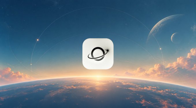 A logo icon for a planet/space app centered over a stylized space scene with Earth, stars, and orbital lines.