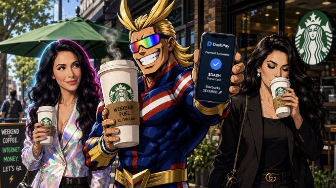 An AI-generated image depicts a superhero resembling All Might from My Hero Academia standing between two women outside a Starbucks; he holds a coffee cup and a smartphone showing a successful DashPay transaction for $0.00.