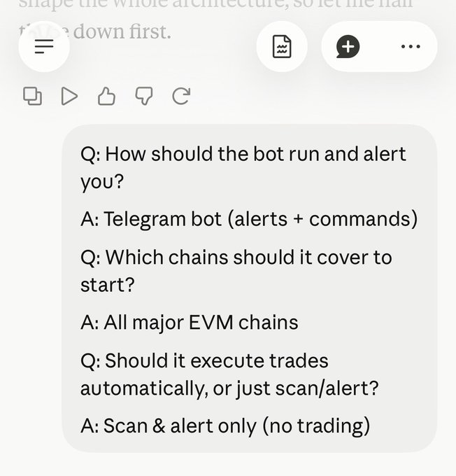 A chat interface shows a Q&A about a Telegram bot, with answers specifying Telegram alerts, coverage of all major EVM chains, and scan & alert only with no trading.