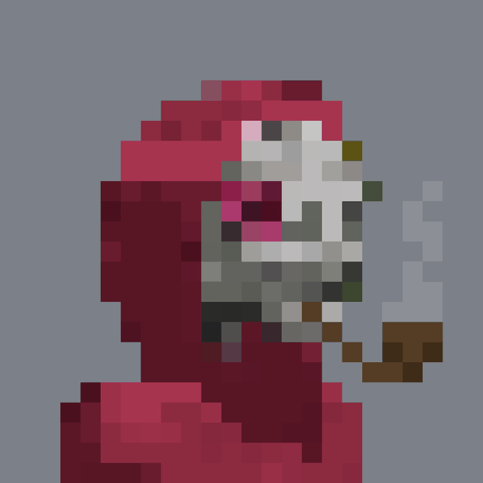 Low-resolution pixelated image of a red hooded figure with a white face against a blue background.