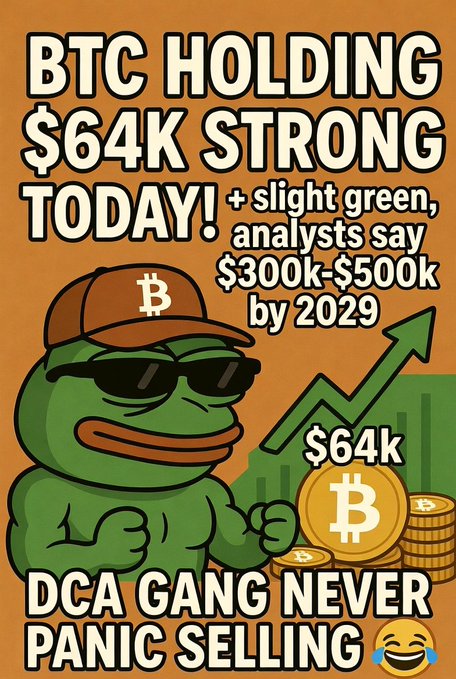 A Pepe the Frog meme graphic with text reading 'BTC HOLDING $64K STRONG TODAY! + slight green, analysts say $300k-$500k by 2029, $64k, DCA GANG NEVER PANIC SELLING' on an orange background with rising green chart arrows.