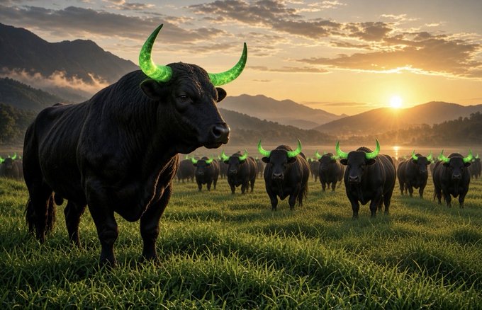 A herd of black bulls with glowing green horns stand confidently in a misty pasture at sunset, led by a prominent bull in the foreground. The imagery of charging bulls symbolizes a bold, aggressive "all-in" bullish bet on $ANSEM, reflecting the poster's risky conviction despite limited capital.