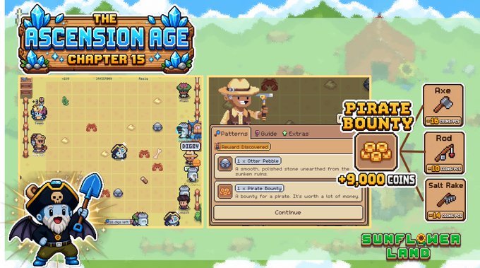 A pixel-art game screenshot titled 'THE ASCENSION AGE CHAPTER 15' shows a 'PIRATE BOUNTY' reward of +9,000 COINS in 'SUMFLOWER LAND'.