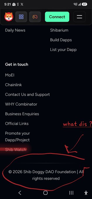 A mobile screenshot of a website navigation menu with options like Daily News, Shibarium, Build Dapps, and 'Get in touch' contacts, with a red handwritten circle and arrows pointing to the copyright text asking 'what dis?'.