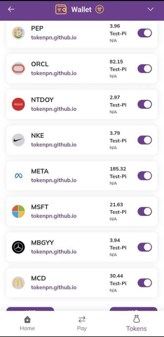 A mobile screenshot of a Pi Network Wallet showing a list of test tokens with company names and tickers including PEP, ORCL, NTDOY, NKE, META, MSFT, MBGYY, and MCD, all with toggle switches activated. This image illustrates the post's claim about 30 new test tokens appearing on Pi Testnet that mimic major global brands like Microsoft (MSFT), Meta, Nike (NKE), and Oracle (ORCL).