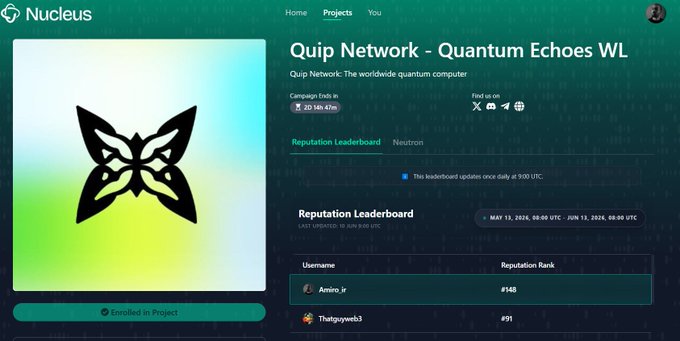 The image shows a computer screen displaying information about a campaign called "Quip Network Quantum Echoes WL" that belongs to the project Quip Network Quantum Echoes WL. The title of the campaign is written in white text, and the website URL or source code for the project's official landing page can be found at the bottom right corner of the image. The overall feel of the post appears to be positive, with excitement about exploring the project ecosystem and discovering potential opportunities on the Reputation journey through the WL channel.