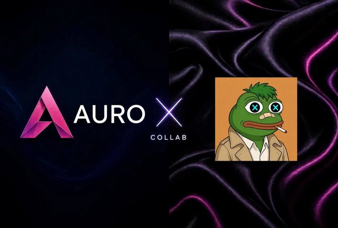 A promotional graphic announcing an 'AURO X COLLAB' featuring the AURO logo on the left and a Pepe the Frog character smoking a cigarette on the right.