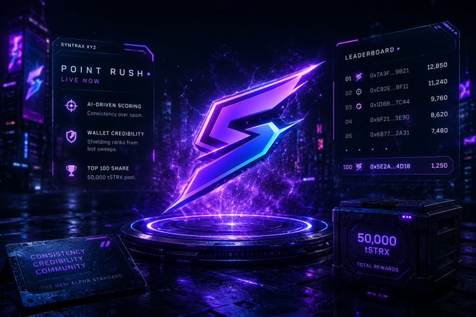 Cyberpunk-style graphic for 'SYNTRAX XY2' titled 'POINT RUSH' showing a leaderboard, a 50,000 iSTRX reward pool, and AI-driven scoring details.