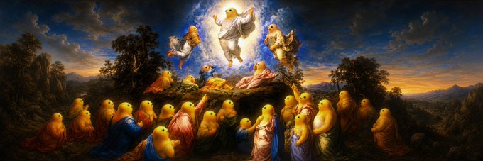 The image depicts a classical religious scene, reminiscent of the Transfiguration of Christ, with a glowing figure ascending heavenward surrounded by angels above a group of robed figures below—but each face has been replaced with the yellow Pepe the Frog meme face, parodying sacred art to embody "purest memes" that endure eternally like DOGE, PEPE, and SHIB.

(Note: The post text cuts off mid-sentence at "I stumbled onto," so no further names, tickers, or numbers are visible beyond those already mentioned.)