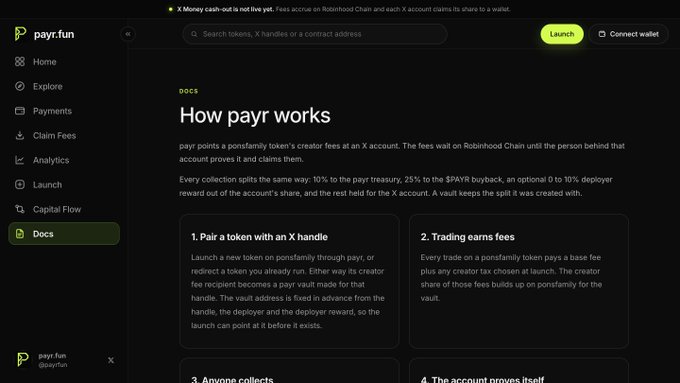 A screenshot of the payr.fun documentation page explaining 'How payr works' on Robinhood Chain, detailing how payr points function as a creator fee vault.