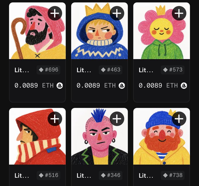 A digital marketplace interface displaying six cartoon character NFT avatars in a grid, each priced at '0.0089 ETH' with numbered IDs like '#696' and '#573'.