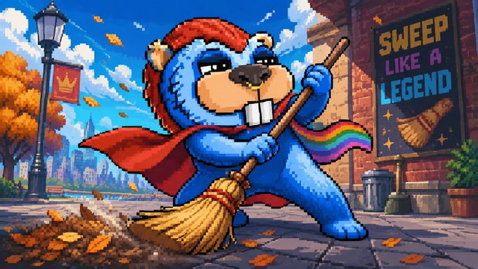 A pixel art illustration of a blue beaver wearing a red cape and hat, sweeping leaves on a city street near a sign reading 'SWEEP LIKE A LEGEND'.