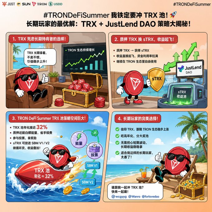 An infographic in Chinese promoting TRON DeFi Summer with JustLend DAO, highlighting TRX staking, sTRX returns, and a 32% annualized TRX pool yield.