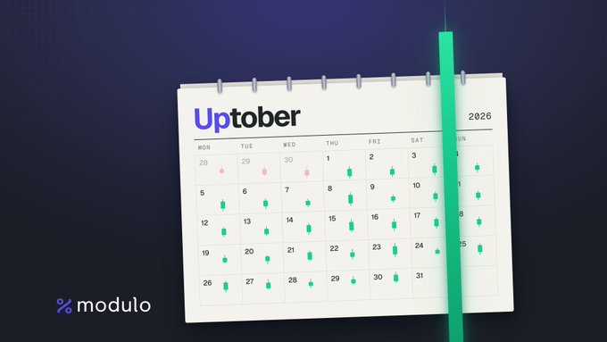 A promotional graphic featuring a calendar labeled "Uptober 2026" with green candles marking each day, alongside the "modulo" logo in the bottom left corner.
