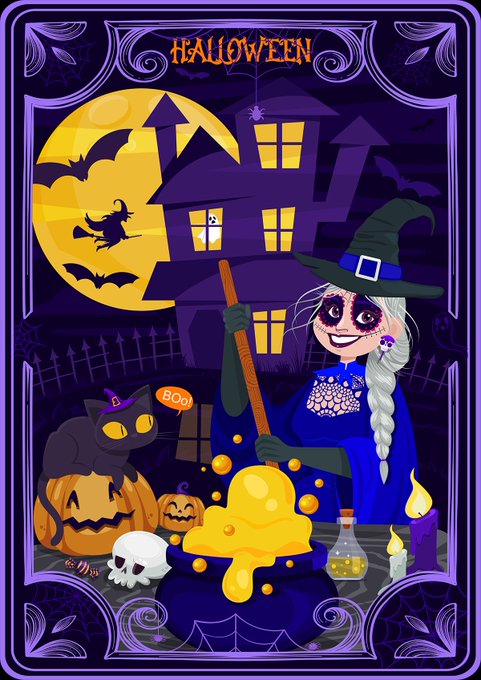 A Halloween-themed illustration featuring a smiling witch stirring a glowing cauldron, with a black cat, jack-o'-lantern, skull, haunted house, and bats under a full moon.