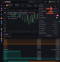 A screenshot of the Polyester trading interface showing the BTC/USDT chart, with red arrows highlighting a Trading Palette menu and a Theme option set to "Ocean Fire," matching the user's post about customizing their Polyester testnet theme to a midnight Ocean Fire trading palette in a clean, intuitive UI/UX.