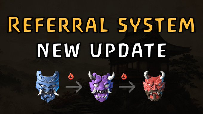 A promotional graphic for a 'REFERRAL SYSTEM NEW UPDATE' featuring three demon masks that upgrade from blue to purple to red, with fire icons indicating the level up.