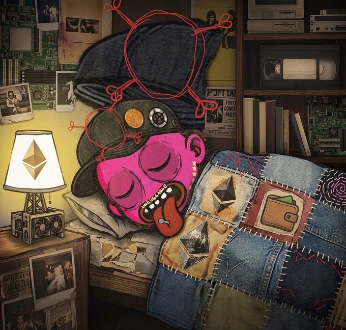 A vibrant digital illustration depicts a stylized pink-faced character wearing a black cap with cryptocurrency logos, sleeping under a patchwork denim blanket in a cluttered room featuring an Ethereum logo lamp.
