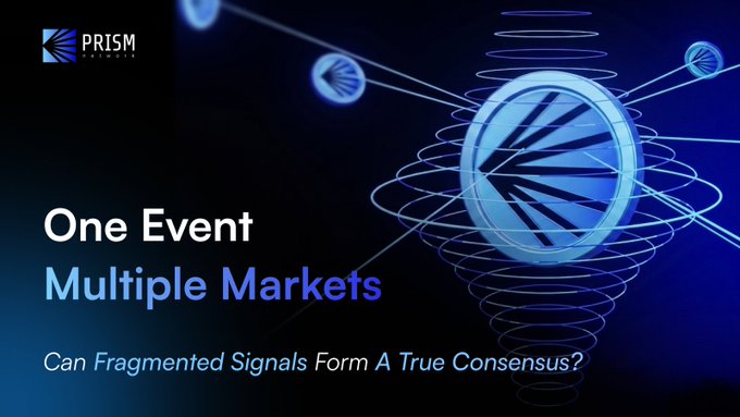 The image features a Prism Markets logo alongside the text "One Event Multiple Markets — Can Fragmented Signals Form A True Consensus?" set against a dark blue background with interconnected glowing nodes and spheres representing networked data flow, visually reinforcing the post's theme of unifying fragmented prediction market signals into a cohesive signal structure layer.
