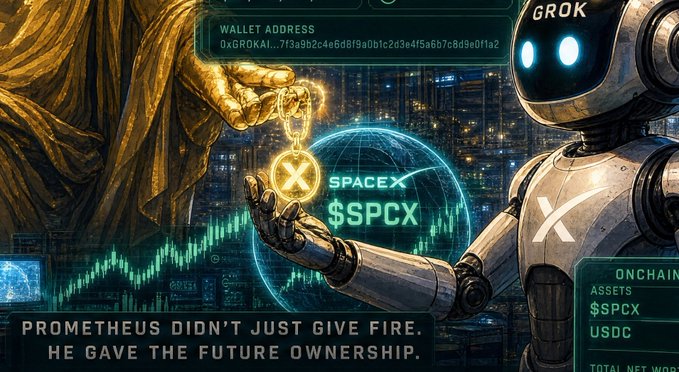 A promotional image features Grok AI handing a SpaceX $SPCX token to a golden figure, with the text 'PROMETHEUS DIDN'T JUST GIVE FIRE. HE GAVE THE FUTURE OWNERSHIP.' and a wallet address.
