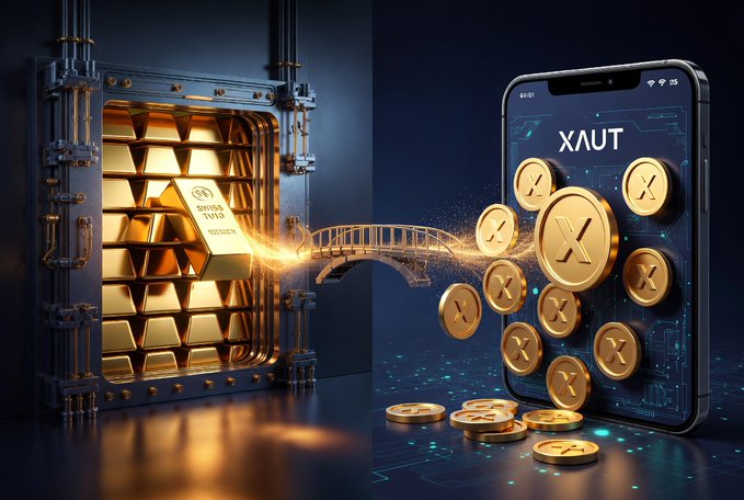 A digital illustration shows gold bars emerging from a vault connected by a glowing bridge to a smartphone displaying the 'XAUT' token, with XRP and XAUT coins scattered nearby.