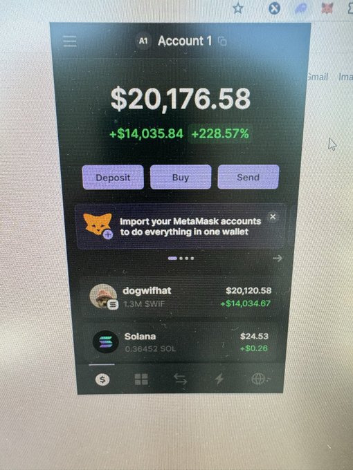 A photograph of a computer screen displaying a crypto wallet (Account 1) showing a balance of $20,176.58, with holdings of 1.3M $SWIF tokens worth $20,120.58 (+$14,034.67) and 0.36452 $SOL valued at $24.53, illustrating the massive gains referenced in the accompanying post about a life-changing day in crypto trading.
