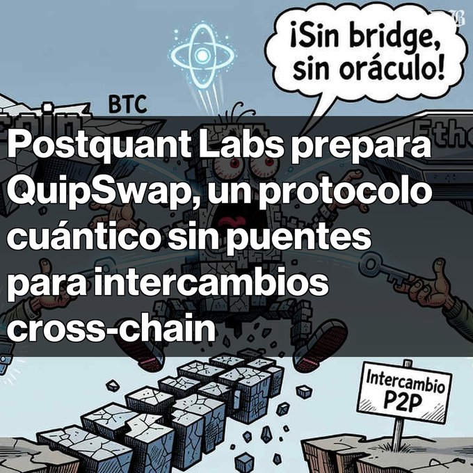 A Spanish-language graphic about 'Postquant Labs' preparing QuipSwap, described as a quantum protocol without bridges for cross-chain exchanges, featuring an illustration of a character labeled 'BTC' and speech bubbles saying '¡Sin bridge, sin oráculo!' and 'Intercambio P2P'.