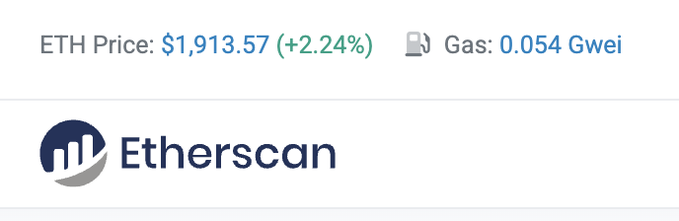 The image shows an Etherscan header displaying an ETH price of $1,913.57 (+2.24%) with a gas price of 0.054 Gwei. The post suggests the user views Etherscan (a key Ethereum blockchain explorer) as the "ETH main character this cycle," highlighting its importance for tracking on-chain activity.
