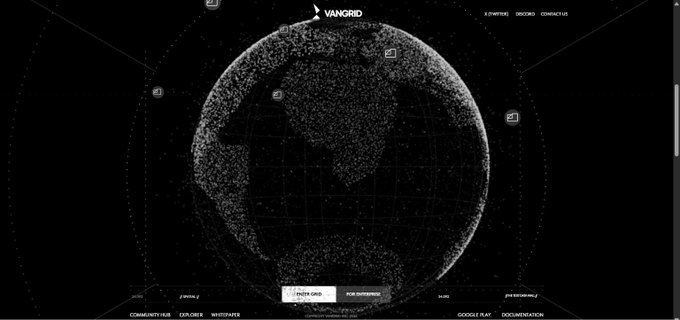 A dark website interface titled 'VANGRID' displaying a dotted globe with continents, surrounded by navigation elements like 'X-OPENNESS', 'DOCS(EN)', and a 'LAUNCH CARD' button.