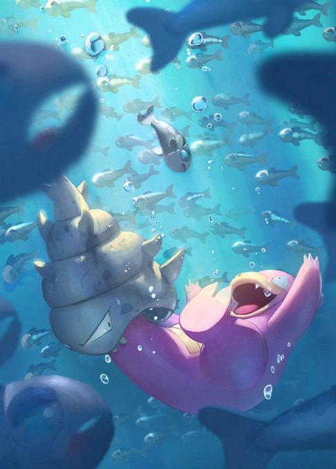 An illustrated underwater scene shows a smiling purple character swimming alongside a shell-like creature, surrounded by fish, bubbles, and dark silhouette shapes.