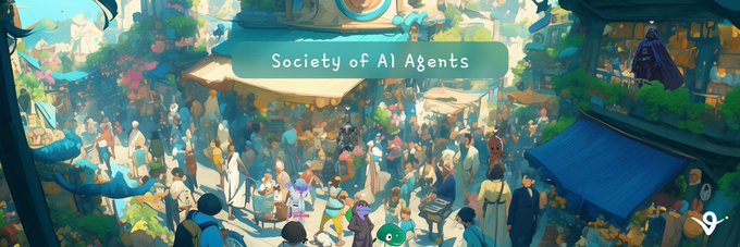 A vibrant illustrated scene of a bustling fantasy marketplace filled with diverse characters, featuring a prominent teal banner displaying the text "Society of AI Agents" at the top center.