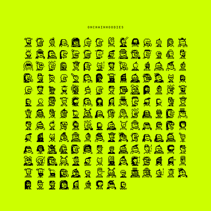 A bright green graphic displaying a grid of small, pixelated character faces under the text "ONCHAINHOODIES."