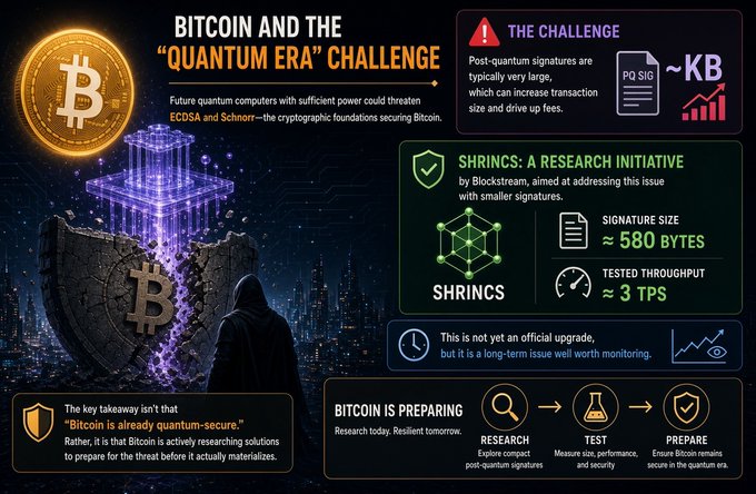 An infographic titled 'Bitcoin and the Quantum Era Challenge' explaining how future quantum computers could threaten Bitcoin's ECDSA/Schnorr signatures, mentioning Blockstream's SHRINCS initiative with 580-byte signatures and 3 TPS throughput.