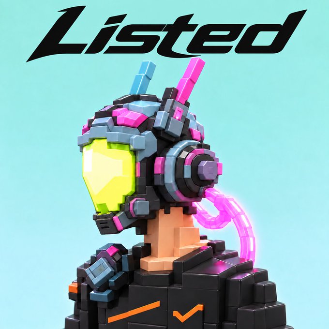 Stylized 3D artwork featuring a futuristic helmet with neon pink and yellow accents, displayed below the bold black text 'Listed' against a light teal background.
