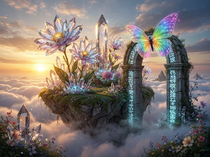 The image features a surreal scene with a butterfly, flowers, and an archway. The butterfly is positioned above the archway, which is surrounded by various flowers. The archway appears to be made of stone or concrete, adding a sense of grandeur to the scene. The background consists of clouds, creating a dreamy atmosphere. The image also includes text that reads "JUNE AIART #AIart #JuneAI #AIartwork #AI #Privacy #Web3 #AskJuneAI #juneaiart #Innovation #FutureTech @askjuneai". This text seems to be related to the artist or creator of this surreal scene, possibly providing information about the inspiration behind the artwork.