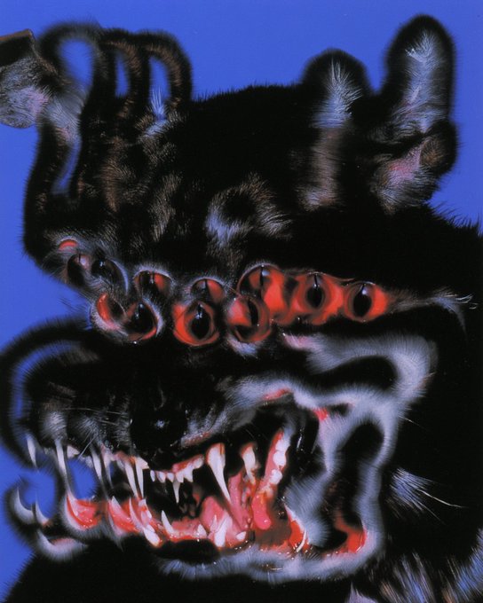 A surreal, nightmarish illustration of a snarling black creature with multiple glowing red eyes and a mouth full of jagged, blood-stained fangs against a vivid blue background. The grotesque artwork fits the dark, unsettling tone of the artist’s SUSPIRIA NFT collection on the Robinhood chain.