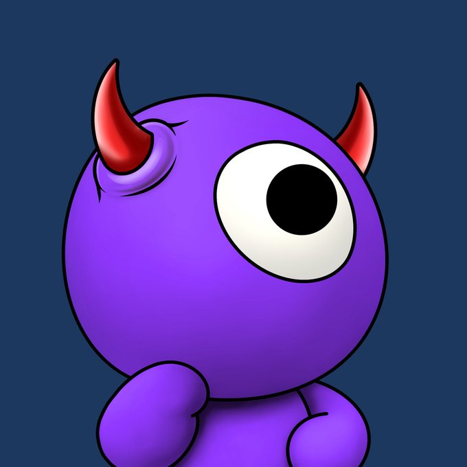 A purple, one-eyed cartoon monster character with red devil horns is featured, matching the "Violet, matte finish, dot pupil, Devil Horns" traits described in the post for Quantum #3594.