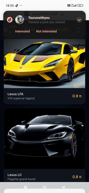 A TikTok post from Tauruswithyou viewed through "Lexus Auto Mall" showing two luxury vehicles: a yellow Lexus LFA V10 supercar legend (0.9 TT) and a black Lexus LC flagship grand tourer (0.8 TT).