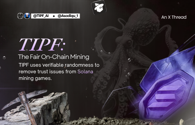 A promotional graphic for TIPF (The Fair On-Chain Mining), an X Thread by @TIFF_AI and @Asodiqu_1, featuring a purple crystal logo, an octopus, a pickaxe, and rocks against a dark underwater-themed background.
