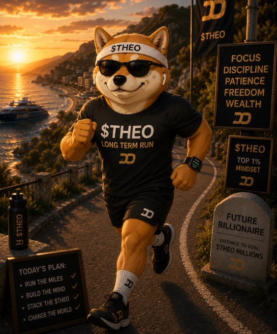 An anthropomorphic Shiba Inu wearing sunglasses and "$THEO" branded athletic gear runs along a coastal path at sunset, surrounded by motivational signs listing "Focus, Discipline, Patience, Freedom, Wealth" and a "Future Billionaire" tombstone marking "$THEO Millions." A chalkboard displays today's plan: "Run the miles, Build the mind, Stack the $THEO, Change the world," reinforcing the post's "long term run, long term plays" message about the $THEO token.