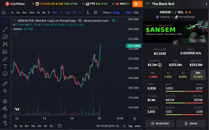 A cryptocurrency trading chart on DEX Screener showing the $ANSEM/SOL pair on PumpSwap with a price of $0.2230, market cap of $223M, and 24H gain of 17.08%, trending upward.