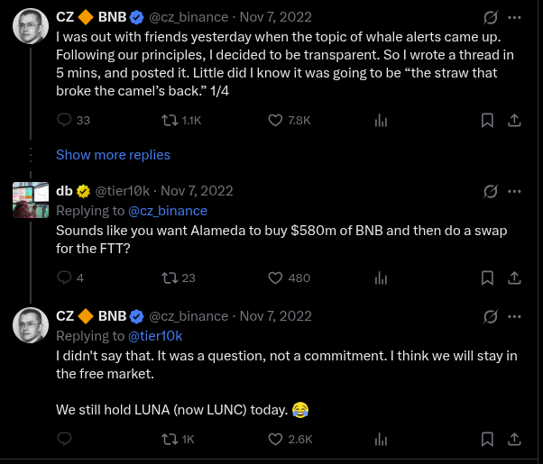 A Twitter/X screenshot showing a November 7, 2022 thread from CZ (@cz_binance) discussing whale alerts and BNB, including a reply exchange with tier10k about Alameda potentially buying $580M of BNB.