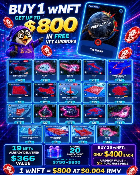 A promotional graphic for a 'BUY 1 wNFT GET UP TO $800 IN FREE NFT AIRDROPS' featuring various country and city NFTs on the Reality+ platform.