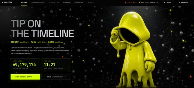 A website screenshot for 'MOTION' with the headline 'TIP ON THE TIMELINE', displaying statistics like '69,179,174' tips earned and featuring a 3D yellow melting figure with a black void for a face.