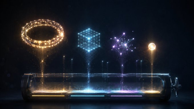 A digital artwork shows glowing holographic shapes—a ring, a cube, a constellation, and an orb—rising from a cylindrical glass container against a dark background.