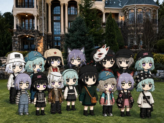 A group of chibi-style anime characters wearing various outfits, hats, and masks—including a fox mask and military-style caps—posed together on a lawn in front of a large mansion.