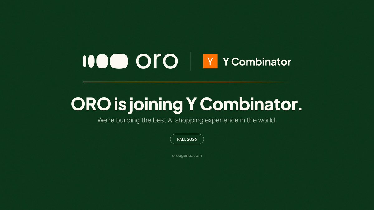 The image is an announcement graphic with a dark green background featuring the Oro and Y Combinator logos side by side, with text reading "ORO is joining Y Combinator. We're building the best AI shopping experience in the world," along with a "FALL 2026" badge and the website "oroagents.com."

This visual supports the post's claim about Oro being accepted into Y Combinator, highlighting the achievement that the post emphasizes—particularly notable as Oro is described as the first startup with a live crypto token (on Bittensor) to be accepted into YC.